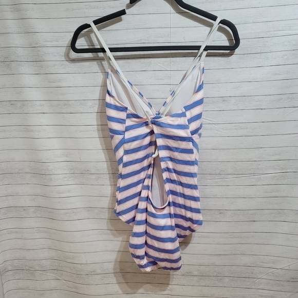 SPLENDID BLUE & NEON ORANGE STRIPED ONE PIECE SWIMSUIT, SZ LARGE, SUPER CUTE! - Picture 9 of 9